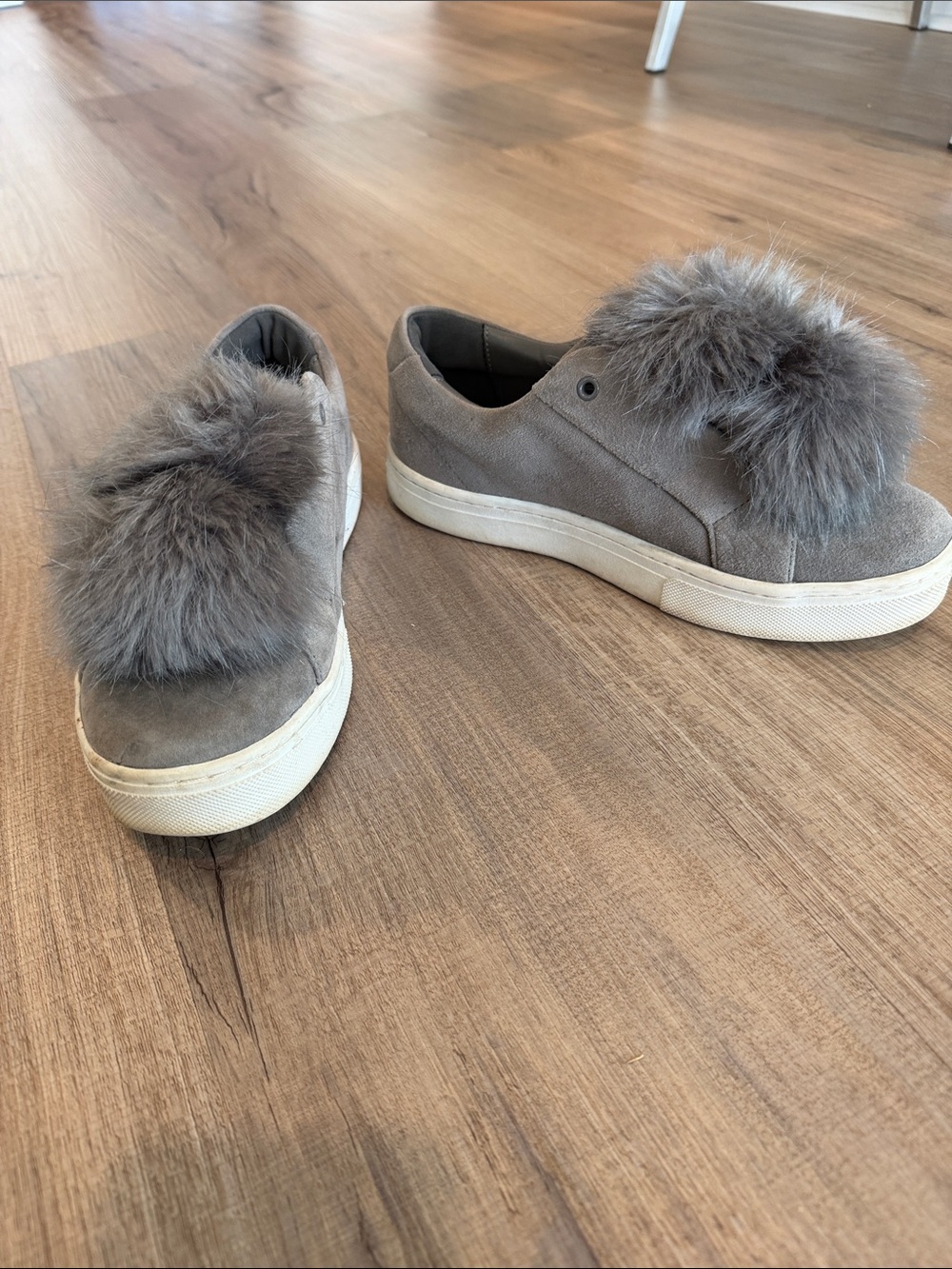 Sam Edelman Gray Suede Faux Fur Pom Slip-On Sneakers